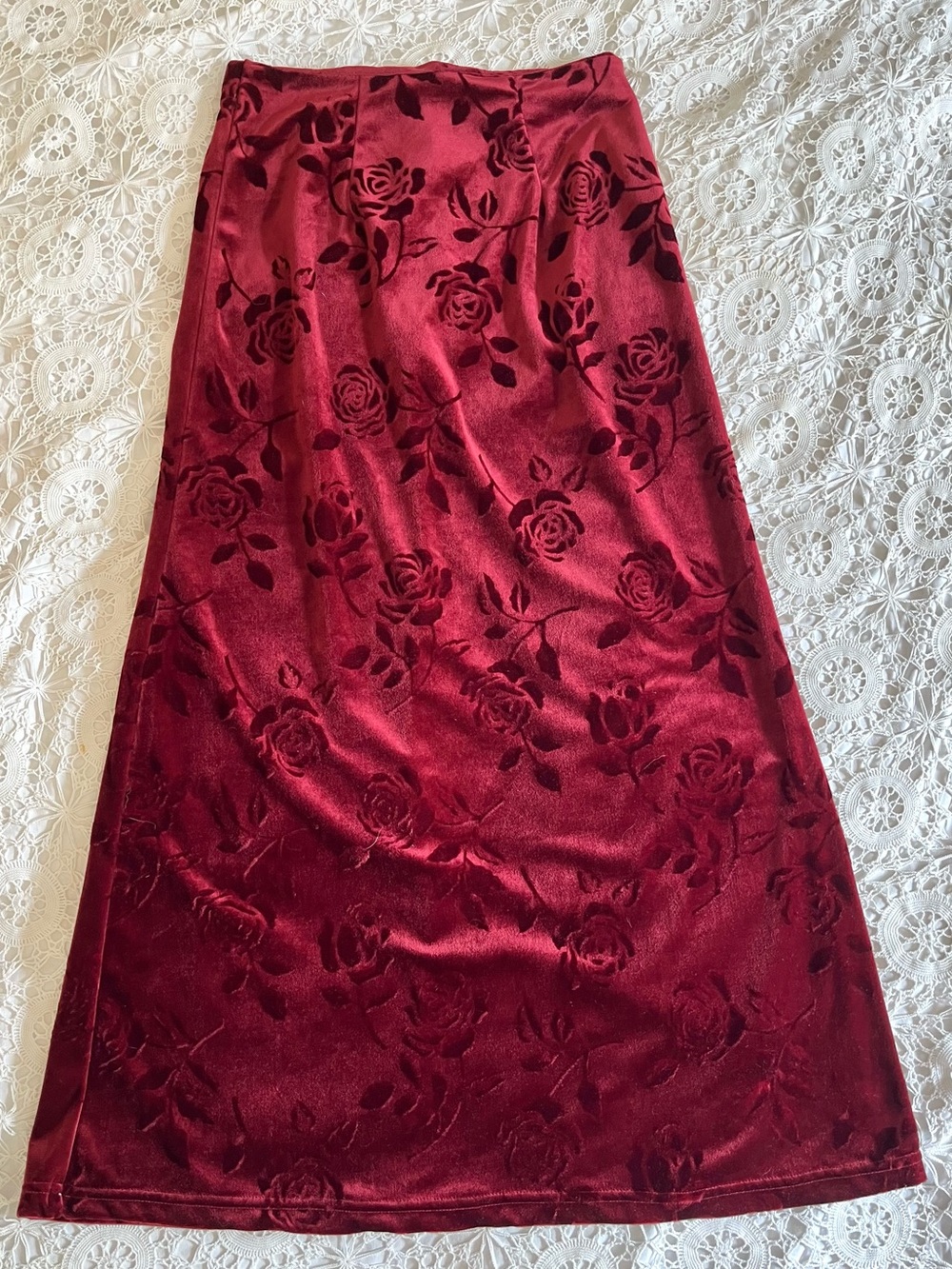 Vintage red velvet floral maxi skirt